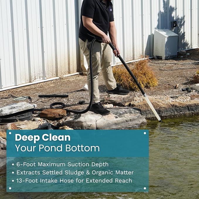 Half Off Ponds CleanSweep 1400 Pond Vacuum with a 13' Intake Suction Hose, 4 Extension Tubes, 3 Vacuum Nozzles, a 6.5 Foot Output Hose, and a Debris Collection Bag | 13 ft intake hose, 6.5 ft output hose, 4 extension tubes, 3 nozzles, Debris collection...