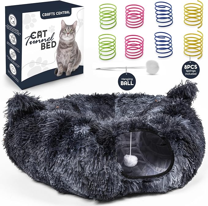 Cat Tunnel Bed with 8 Spring Toys - Plush Peekaboo Cat Cave for Indoor Pets - Versatile Cat Donut Tunnels for Indoor Cats- Foldable Kitten Bed Tunnel