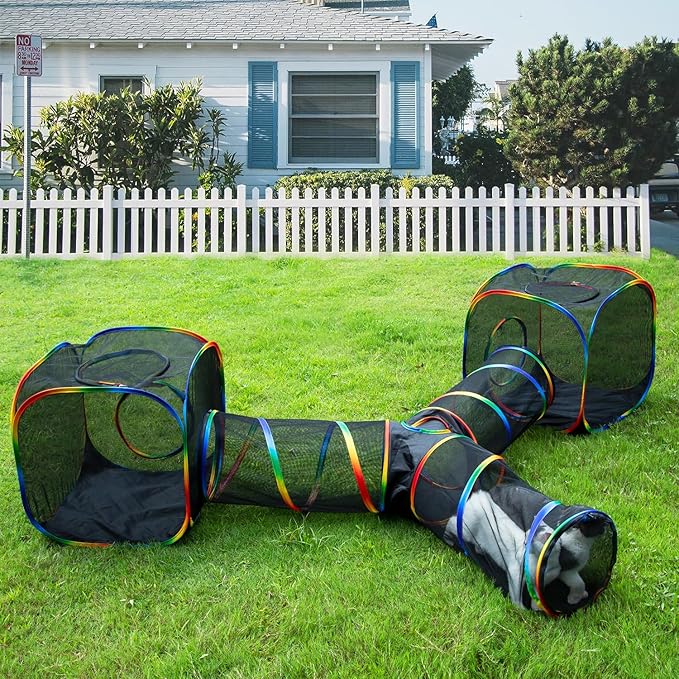 Outdoor Rainbow Cat Enclosures Playground,Outside House for Indoor Cats Include Portable Tent, 3 Way with 2 Cube Tunnel, for Kitty and Small Animals,Within Storage Bag