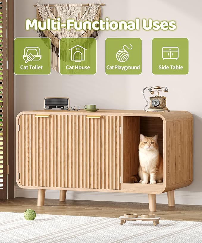 Fluted Cat Litter Box Enclosure with Solid Wood Legs, Hidden Cat Litter Cabinet, Modern Cat House Furniture, Reduce Litter Tracking, 31.5 x 19.7 x 22 Inches, for Living Room, Bedroom, Oak