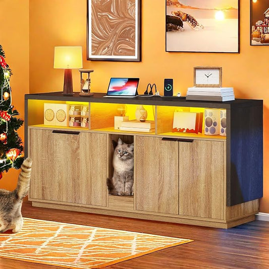 YITAHOME Double Hidden Cat Litter Box Enclosure with Power Outlet & LED Light, 60 Inch Dual Kitty Litter Box TV Stand Furniture for 2 Cats, Wooden Cat Cabinet for Indoor Cats, Grey Oak