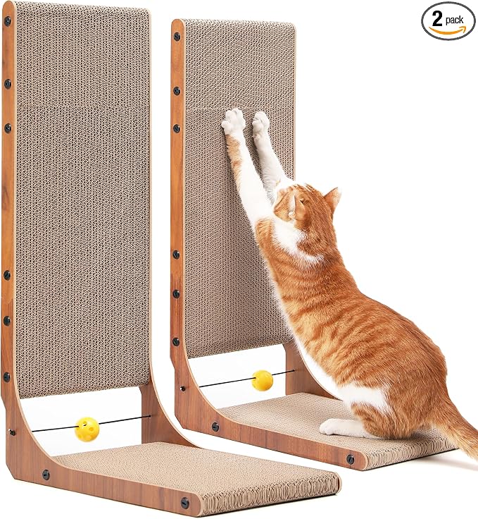 FUKUMARU Cat Scratcher, 26.8 Inch Cat Scratch Pad for Indoor Cats, L Shaped Cardboard Vertical Cats Scratching Board with Ball Toy, Walnut Color, 2 Packs
