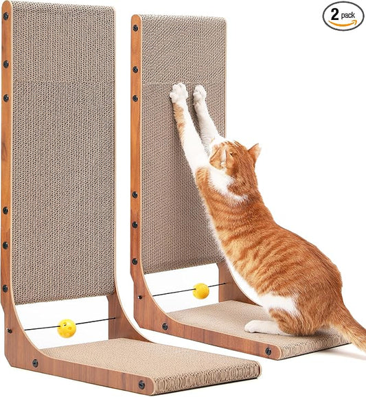 FUKUMARU Cat Scratcher, 26.8 Inch Cat Scratch Pad for Indoor Cats, L Shaped Cardboard Vertical Cats Scratching Board with Ball Toy, Walnut Color, 2 Packs