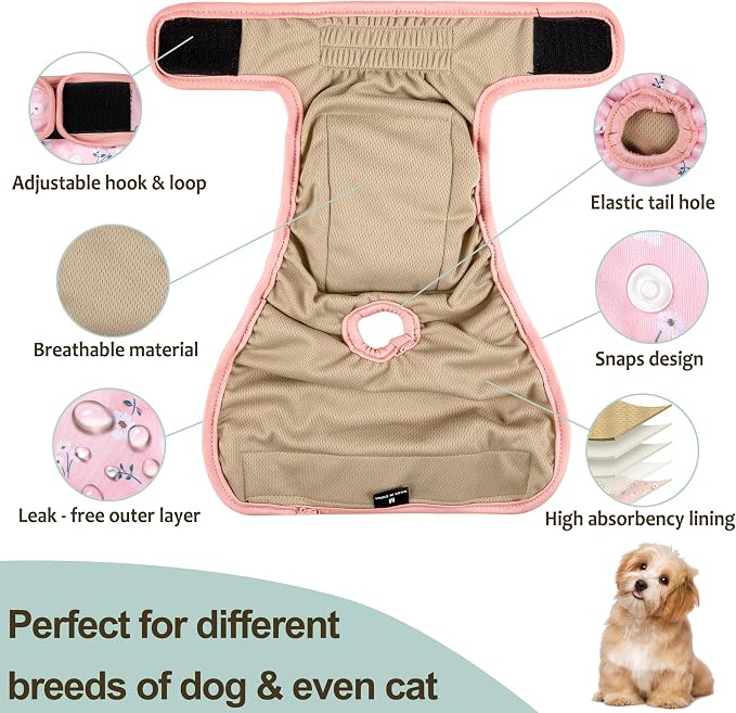 Washable Female Dog Diapers (5 Pack) - Doggie Reusable Small Medium Large Dog Diapers for Doggy Puppy Female in Period - Highly Absorbent Dog Heat Panties,S Plus,Flowers