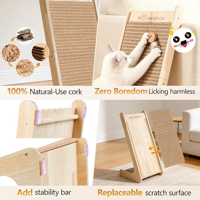 Natural Cork Cat Scratching Post-Cat Scratchers- Scratch Pads for Indoor-Cats Scratching Board-Cat ramp-cat Scratch Cardboard with Toy,Include 2 Pcs Replaceable Pads-Eco-Friendly Sustainable-Cat Gift