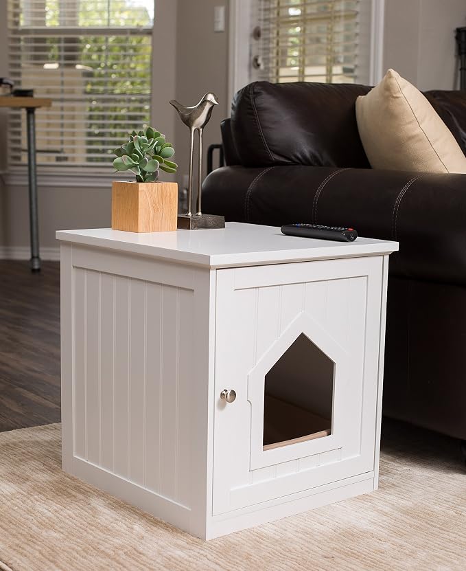 BIRDROCK HOME Cat Litter Box Furniture Enclosure - Hidden Kitty Litter Cat House with Hinged Door, Nightstand, Side Table & Pet Crate, Indoor & Outdoor Wood Cabinet for Small Cats and Dogs - White