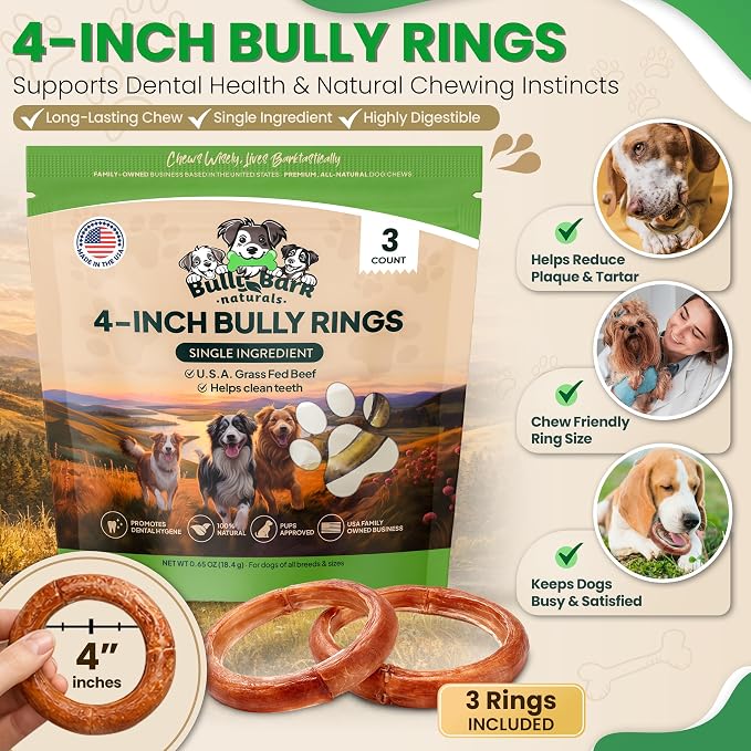Odor Free 4” Bully Stick Rings for Dogs - 3 Count - 100% Natural Grass-Fed Beef Pizzle Rings, High Protein, Fully Digestible Rawhide-Free Thick Chews, Long Lasting Bully Rings