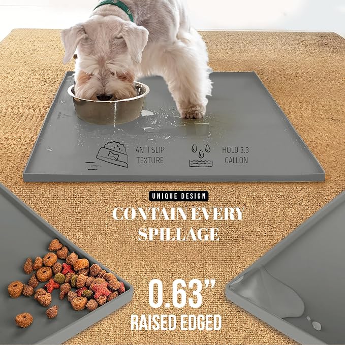AVERYDAY 100% Waterproof Thicker Silicone Dog Food Mat, 0.63'' Raised Edge Bowl Mat for Food & Water, Non Slip Pet Feeding Placemat for Messy Drinkers, Perfect for Large Medium Small Breeds, 18"x10"