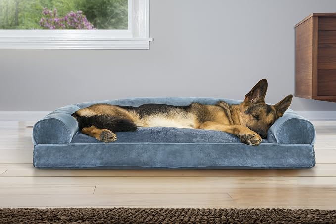 Furhaven Pillow Dog Bed for Large Dogs w/ Removable Bolsters & Washable Cover - Faux Fur & Velvet Sofa - Harbor Blue, Jumbo/XL