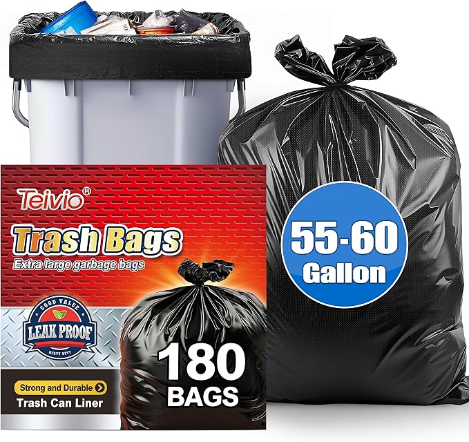 Teivio Black Large Trash Bags 55-60 Gallon 180 Count | Large Multipurpose | Fit 45,48,49,50,55,60 gallon Garbage Bin Liner | Kitchen | Lawn And Leaf Bags Outdoor Yard Waste Bag | Workshops Trash