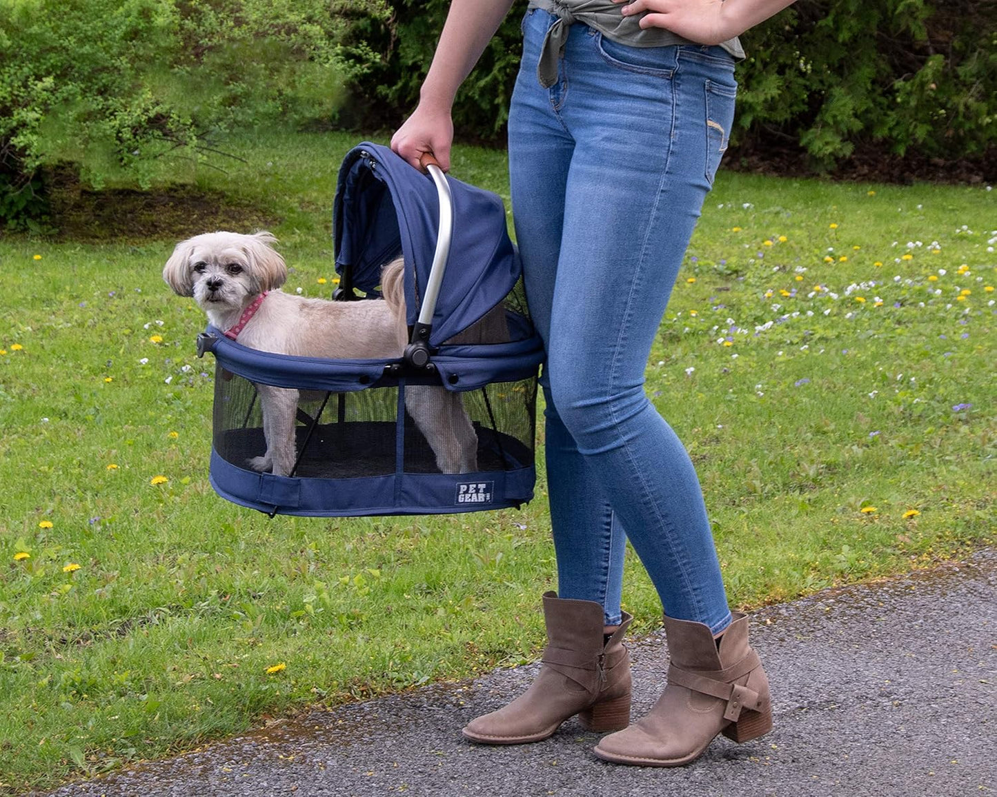 Pet Gear No-Zip View 360 Pet Safety Carrier & Car Seat for Small Dogs & Cats Push Button Entry, View 360 20-inch, Navy
