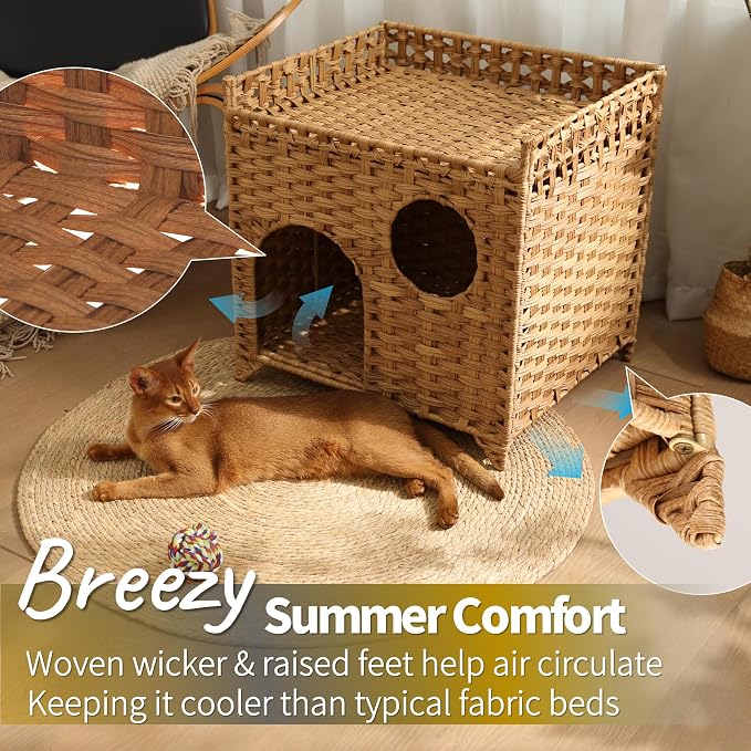 Wicker Cat House for 1-2 Cats Under 20 lb, Medium-Large Indoor Cat Condo No Assembly, Handwoven Rattan-Style Breathable Cat Bed Pet Cube for Living Room Bedroom, Suitable for Summer Use (Tan)