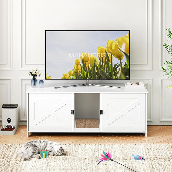 MAHANCRIS Cat Litter Box Enclosure for 2 Cats, 47.2" Hidden Litter Box Furniture with Double Room, Wooden Cats Washroom with Scratching Board, Indoor Cats House End Table, White CWWT1201