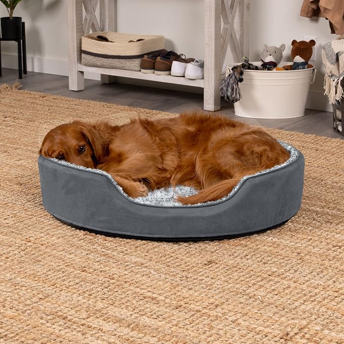 Furhaven Dog Bed for Large Dogs w/ Removable Washable Cover & Pillow Cushion Insert, For Dogs Up to 55 lbs - Two-Tone Faux Fur & Suede Oval Lounger - Gray, XL/Extra Large