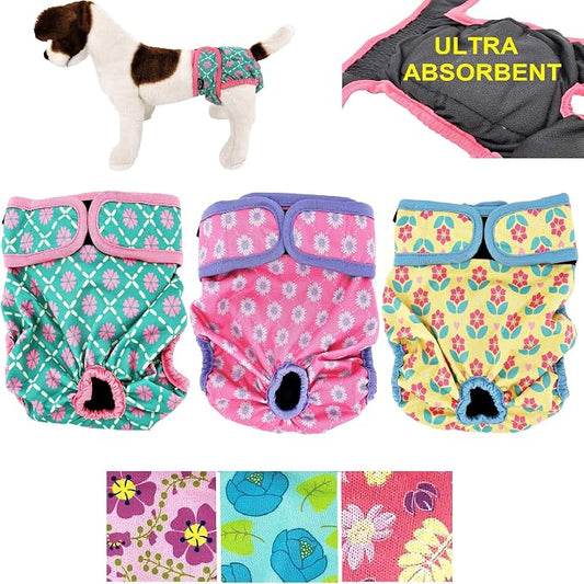 Pack of 3 Female Dog Diapers with 4 - Layers of Absorbent Pads Cat Panties Waterproof Leak Proof Washable (L: Waist 20" - 26", Neon Pattern)