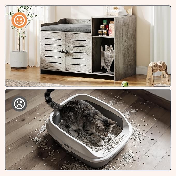 Cat Litter Box Enclosure, Hidden Litter Box Cabinet Furniture with Scratch Pad, Farmhouse Indoor Cats House with Storage Layer for Hallway, Bedroom