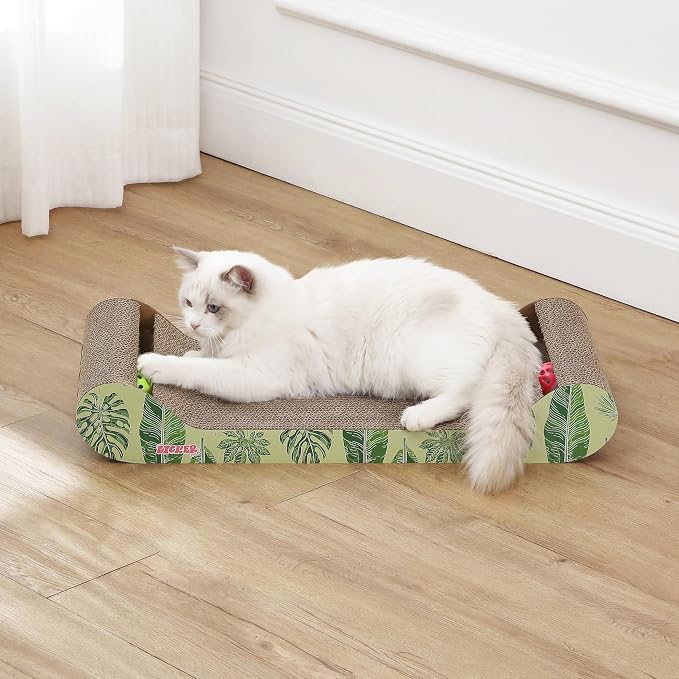 Rini 23.75" Modern Cardboard Cat Scratcher Lounge Bed with Built-in Bell Toys and Catnip, Ergonomic Curved Sofa Design, Mint/Green CSR1003E