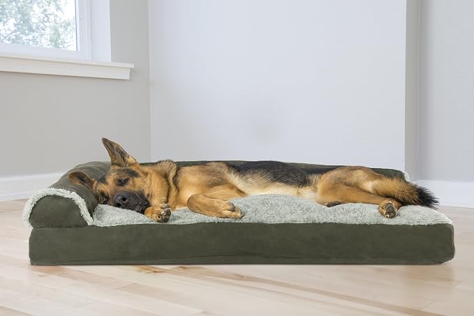 Furhaven Pillow Dog Bed for Large Dogs w/ Removable Bolsters & Washable Cover - Two-Tone Plush Faux Fur & Suede L Shaped Chaise - Dark Sage, Jumbo/XL