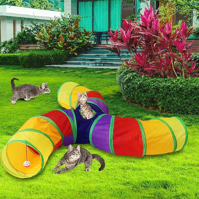 Bemodst S-Type Cat Tunnel, 2 Way/3 Way/4 Way/5 Way Collapsible S-Shape Small Animal Tubes Kitty Tunnels Interactive Maze House Toy with Storage Bag for Kitten Puppy Rabbit Guinea Pig (Rainbow-3 Way)