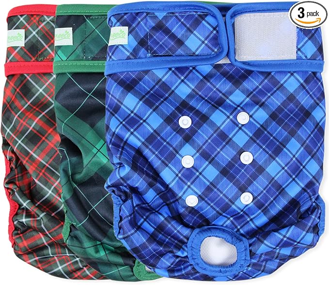 Wegreeco Washable Diapers for Female Dogs (3 Pack) - Highly Absorbent, for Dogs in Heat or Excitable Urination (Blue, Green, Red Plaid, Small)