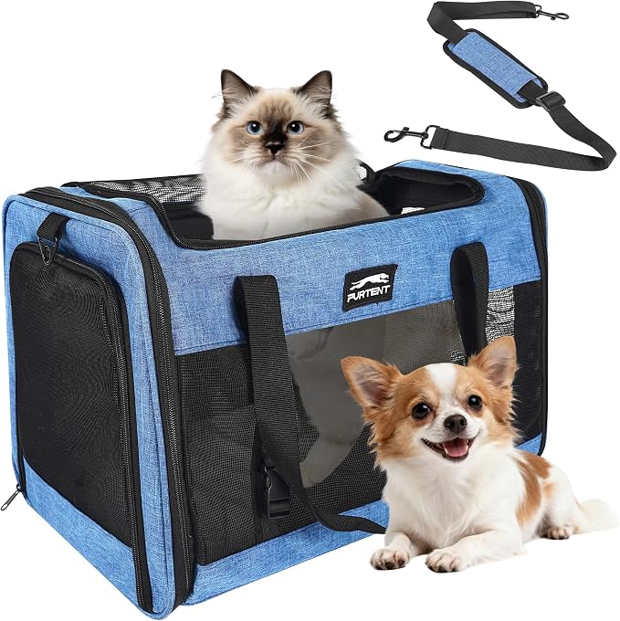 Soft Sided Cat Carrier for Large Cats, Pet Carrier for 2 Cats or Small Dogs Up to 25Lbs, Large Cat Carrier with Shoulder Strap, Cat Car Carrier with Safety Rope, Cat Carriers 20x13x13 inches, Blue