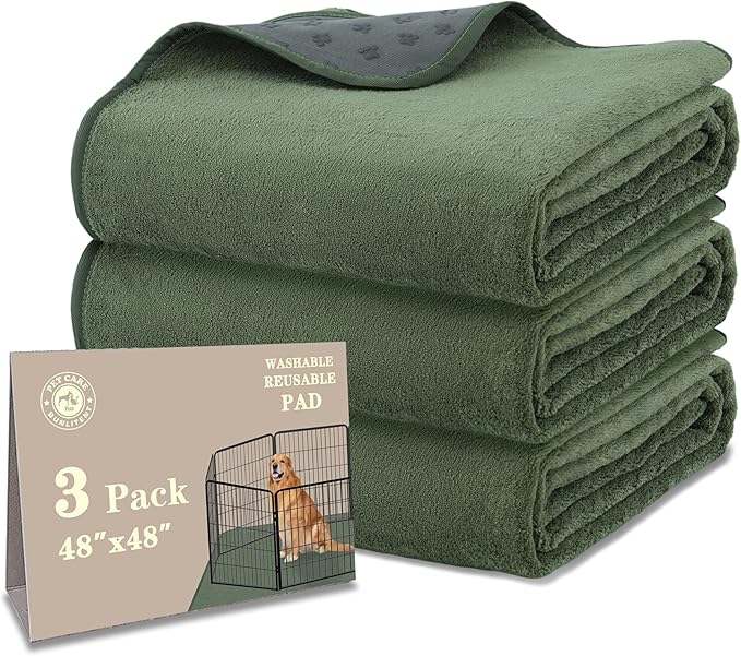 Bunlitent 3 Packs Washable Pee Pads for Dogs, 48'' x 48" Reusable Puppy Pads with Super Absorbent, Fast Absorbent Pet Whelping Pads, Puppy Playpen Mat for Incontinence, Housebreak, Crate, Green
