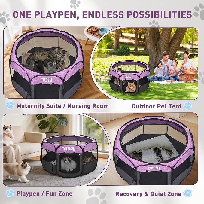 Portable Pet Playpen for Small Dogs & Cats, Foldable Puppy Safety Pen with Removable Zipper Top, Breathable Mesh Dog Delivery Room, Indoor Isolation Cage for Kittens/Rabbits (Purple, Small)