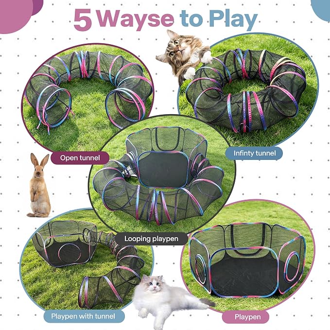 PAWISE Outdoor Cat Enclosure, 2-in-1 Portable Catio with Cat Tent and Tunnel, Pop Up Cat Playpen for Indoor Outdoor Cats and Small Animals, with Storage Bag