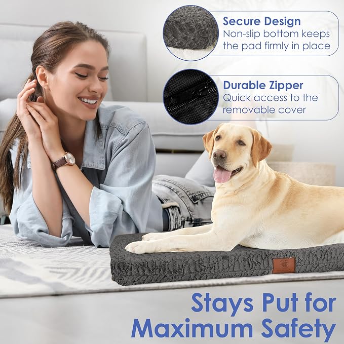 American Kennel Club Orthopedic Memory Foam Dog Crate Mat, Egg Crate Foam Cushion, Washable Cover, Non-Slip Base, Eases Joint Pain, Breathable, Durable, 42x27, Gray