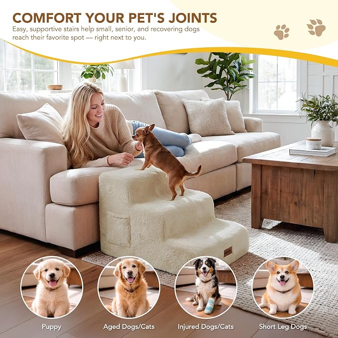 PETNOVO Ultra-Soft Faux Fur Dog Stairs for Couch and Sofa, 2-Step Dog Steps for Small Dogs, Non-Slip Foam Pet Stairs, Washable Cover, 15.7" D x 15.7" W x 11.8" H, Off-White