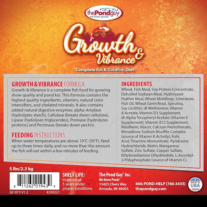 The Pond Guy Growth & Vibrance Fish Food for Show Quality Koi & Goldfish, Premium Protein Floating Pellets for Balanced Nutrition, 12 lbs