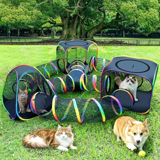 CypherX Outdoor Rainbow Cat Enclosure, 7-in-1 Portable Pop Up Cat Tents and Tunnels for Outside, Outdoor Catio Mesh Pet Playpen House, Large Playground for Large Cats and Other Animals