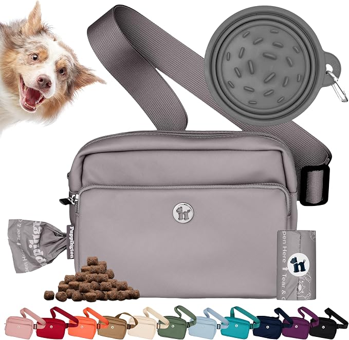 Puppington 3-in-1 Crossbody & Dog Treat Pouch for Pet Training - Matching Compostable Poop Bags, Built-In Poop Bag Dispenser & Slow-Feeding Travel Dog Bowl - Dog Walking Bag (Charcoal Gray)