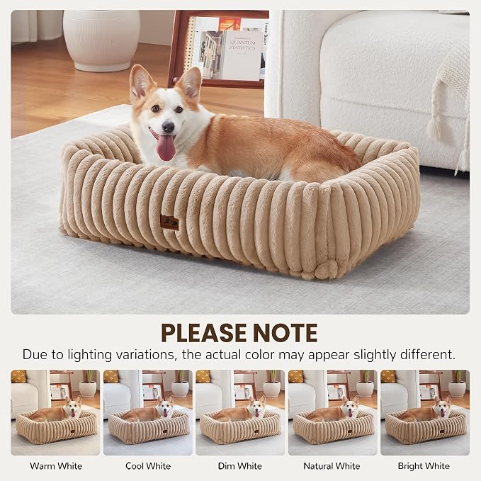 Dog Bed Medium Size Dog, Rectangle Orthopedic Pet Bed for Car and Indoor, Comfort Fluffy Memory Foam Dog Beds with Anti-Slip Bottom, Camel(30x24x8inchs)