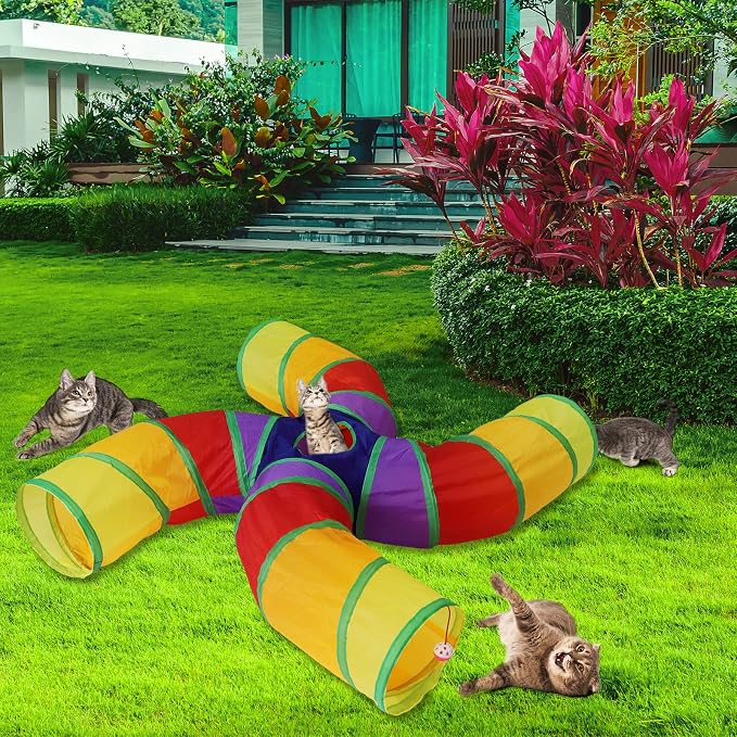Bemodst S-Type Cat Tunnel, 2 Way/3 Way/4 Way/5 Way Collapsible S-Shape Small Animal Tubes Kitty Tunnels Interactive Maze House Toy with Storage Bag for Kitten Puppy Rabbit Guinea Pig (Rainbow-4 Way)