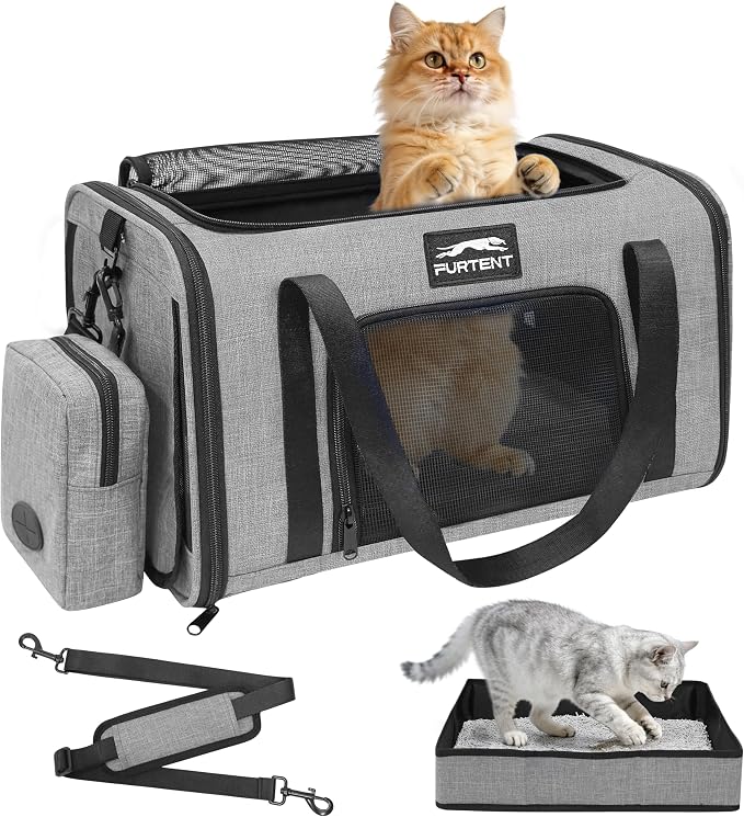 17x11x9.5 Pet Carrier Airline Approved, Cat Carrier with Litter Box, Soft Sided Cat Dog Carrier Up to 15 lbs, Breathable Travel Pet Carrier with Calming Curtain, Storage Bag & Poop Dispenser, Grey