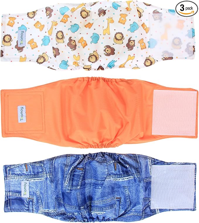 Teamoy Reusable Wrap Diapers for Male Dogs, Washable Puppy Belly Band Pack of 3 (M, 13"-16" Waist, Orange+ Denim+ Fat Smile)