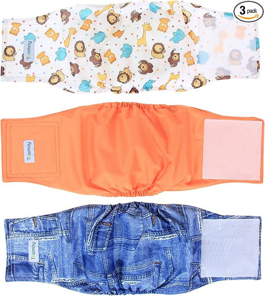 Teamoy Reusable Wrap Diapers for Male Dogs, Washable Puppy Belly Band Pack of 3 (M, 13"-16" Waist, Orange+ Denim+ Fat Smile)