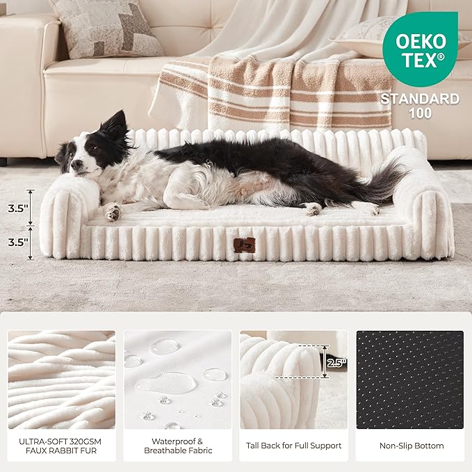Orthopedic Dog Bed Large Pet Beds with Removable Washable Cover, Couch-Like Sofa Design for S to XXL Dogs Up to 50 lbs, with Soft Short Plush Surface & Foam, 35x25x9.5 Inch, Cream
