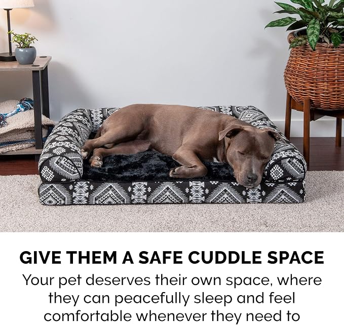 FurHaven Supportive Cooling Memory Foam Sofa Dog Bed with Washable & Removable Cover - Plush/Woven - Black Medallion, Dogs Dogs Up to 125 lbs - Jumbo Plus XXL