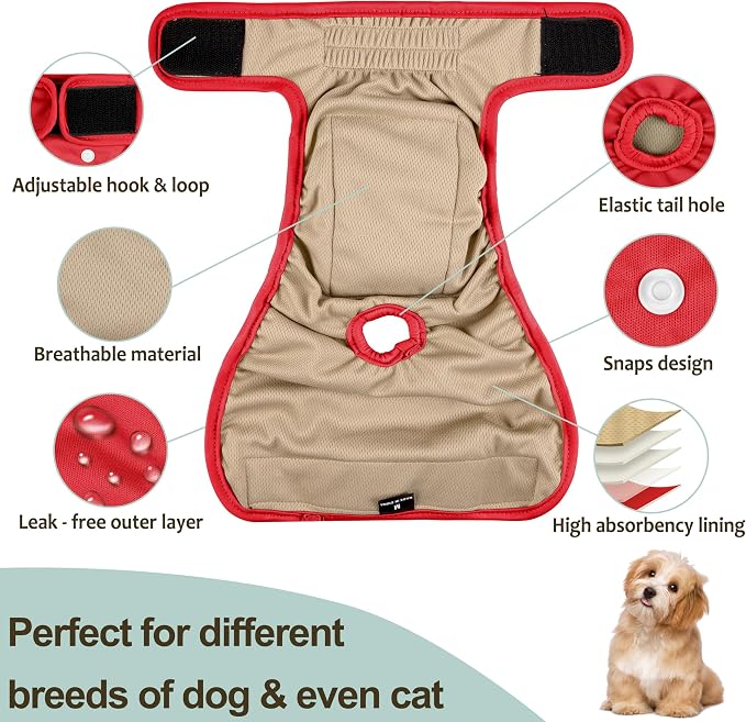 Female Dog Diapers 5Pcs - Premium Reusable Diapers for Doggie in Heat - Highly Absorbent Dog Diapers Female for Pet Incontinence, Red, S