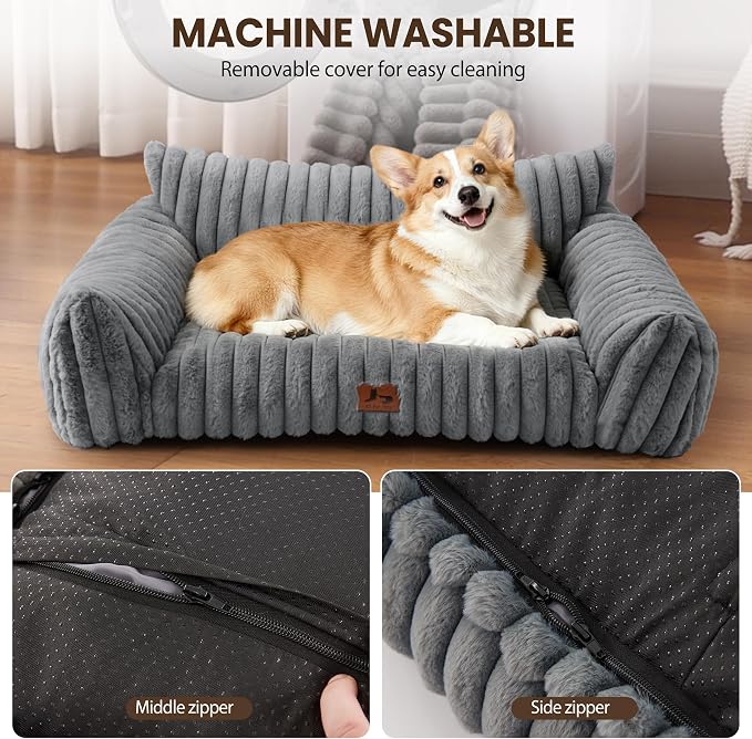 Cute Dog Couch Bed with Removable Washable Cover for Small Dogs | Light Gray, 36", Cozy, Soft, Faux Rabbit Fur, Fuzzy, Indoor, Supportive, Machine Washable, Fully Disassembled