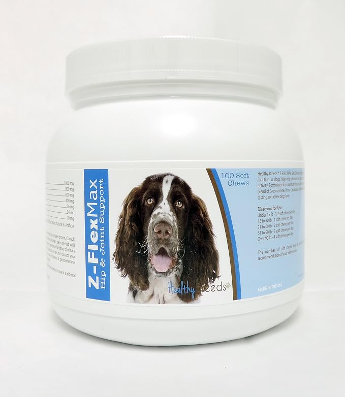 Healthy Breeds English Springer Spaniel Z-Flex Max + Glucosamine + Chondroitin + Omegas - Hip & Joint Support for Improved Mobility - 100 Bacon Flavored Soft Chews