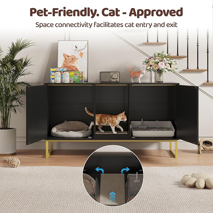 Kitty Litter Box Enclosure for 2 Cats, Small Hidden Cat Litter Box Furniture with Scratch Pad, Modern Fluted Double Litterbox Cabinet TV Stand for Kittens, Black