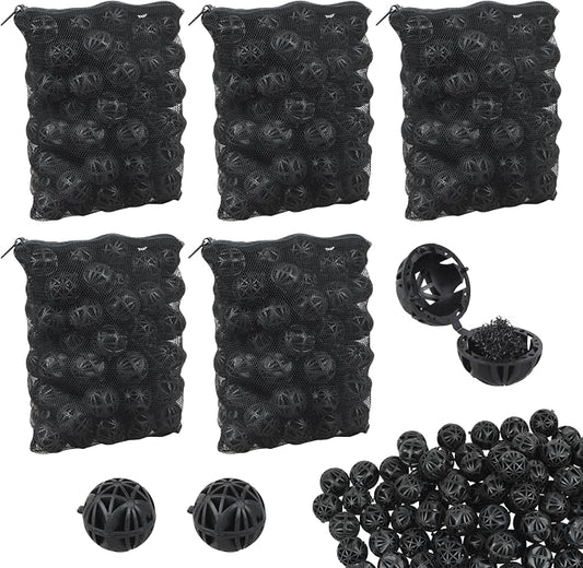 500 Pieces Black Bio Balls 1.02 Inch Internal Bioballs Filter Media for Aquarium Filter&Pond Filter with 5 Pieces Aquarium Filter Media Mesh Bags