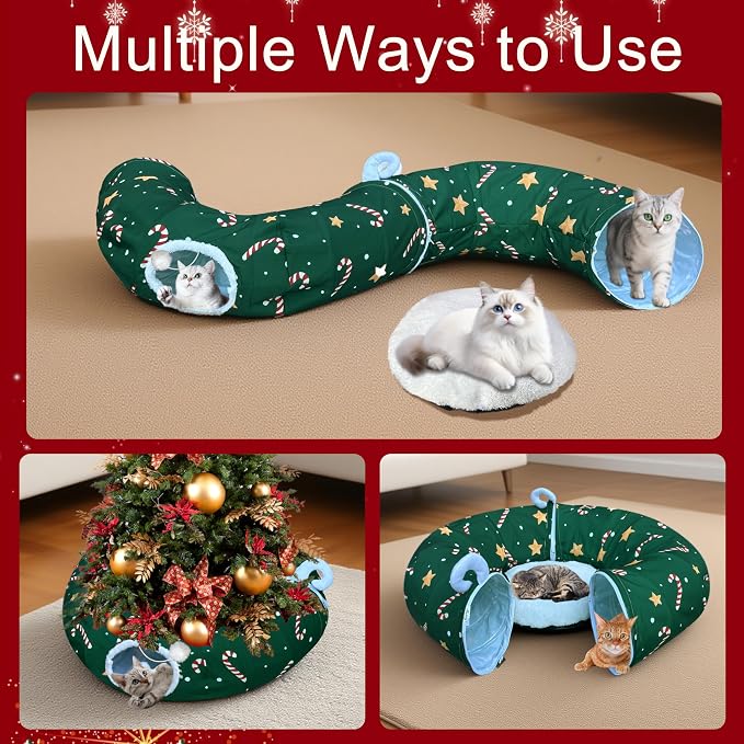 Cat Tunnel Bed in Christmas Style with Star, Crutches Candy, and Snowflakes Patterns - 3FT x 3FT x 9.8 INCH Size Green Decorative for Festive Felines