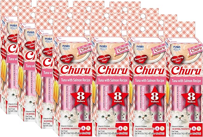 INABA Churu Lickable Purée Natural Cat Treats Gift Box - Tuna with Salmon Recipe, Case of 128 Tubes (16 Gift Boxes of 8 Tubes Each)