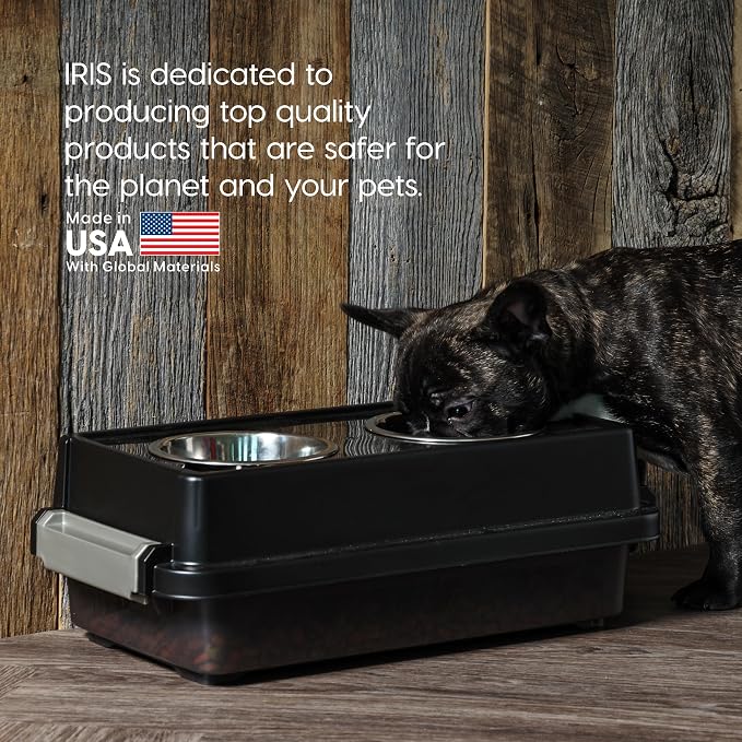 IRIS USA Elevated Dog Bowls with Storage, 6" H Raised Feeding Station, Dog Bowl Stand with Airtight Food Storage Holds 5 lbs, 4 Removable 16 oz Stainless Steel Food and Water Bowls, Smoke/Black
