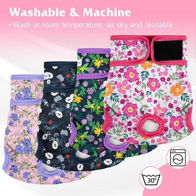 4 Pack Reusable Female Dog Diaper, Highly Absorbent Doggie Diapers for Female Dogs, Dog Diaper X-Large, Flowers