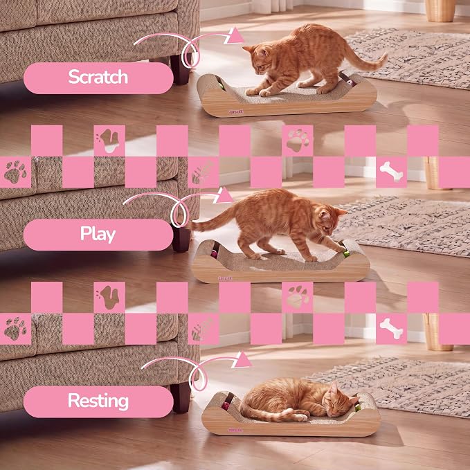 Rini 23.75" Modern Cardboard Cat Scratcher Lounge Bed with Built-in Bell Toys and Catnip, Ergonomic Curved Sofa Design, Oak Wood Finish CSR1003C
